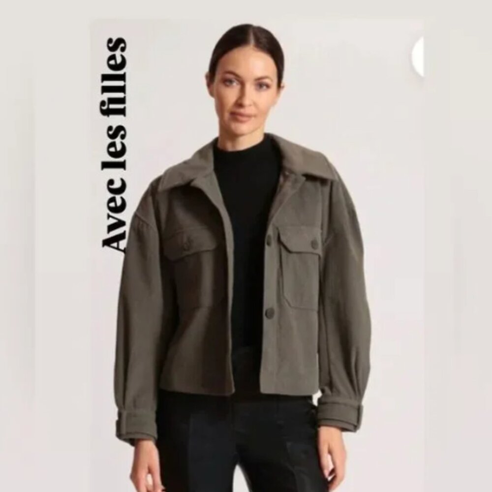 Avec Les Filles Olive Oversized Green Corduroy Button Up 3/4 Sleeve Jacket